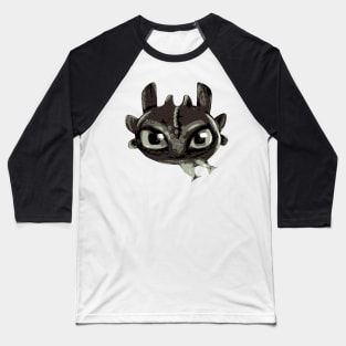 Chibi Black Dragon With Green Eyes Eating Fish - Eyesasdaggers Baseball T-Shirt